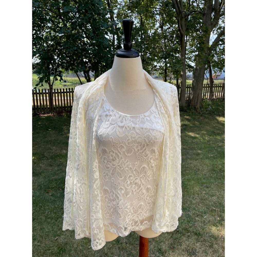 80s Lace Overlay and Tank Top Set By S. Levine Medium Ivory Elegant Design